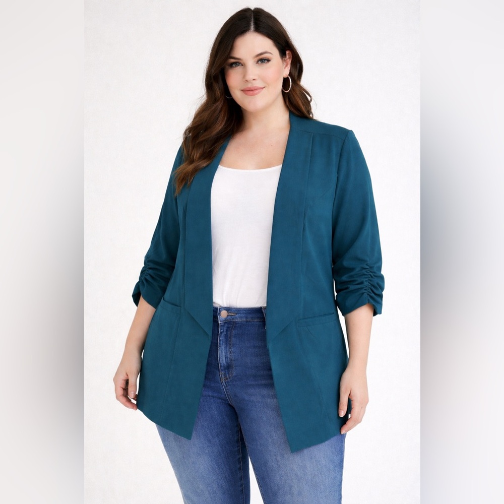 Torrid Teal Blue Open Front Blazer – Ruched 3/4 Sleeve